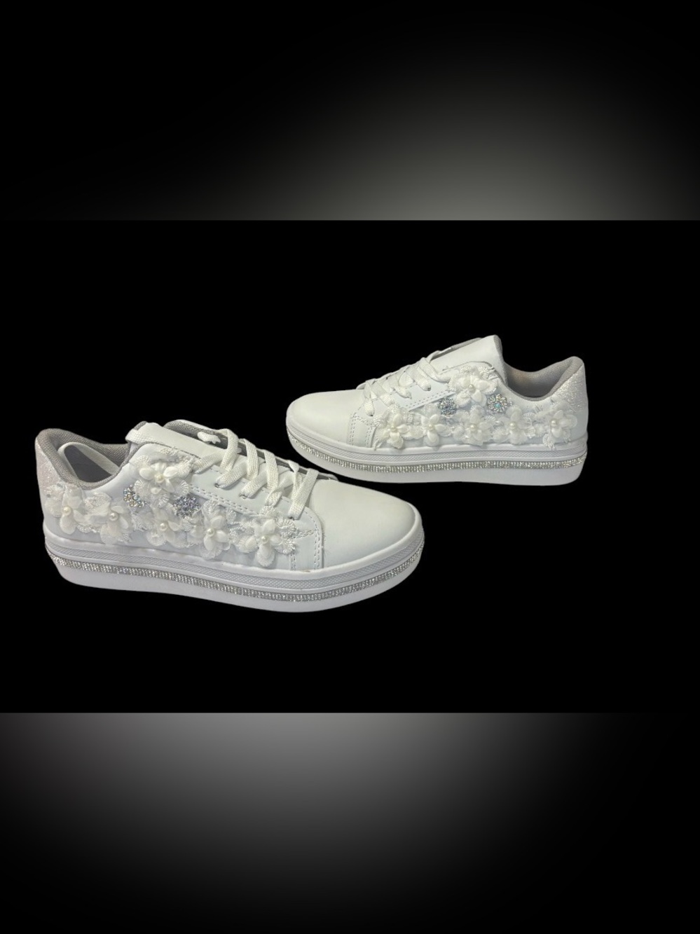 Women's White Floral Lace-Up Sneakers with Crystal Accents